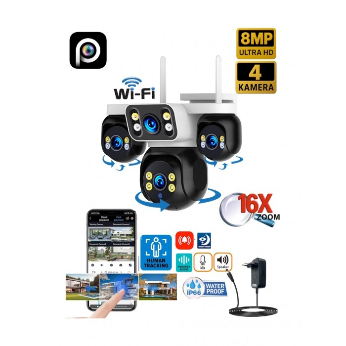 ES-5804 8MP 4 Kameralı Wifi 16X Zoom HiEasy Gece Görüş Çift Yönlü Ses Uzaktan İzleme Kişi Takibi