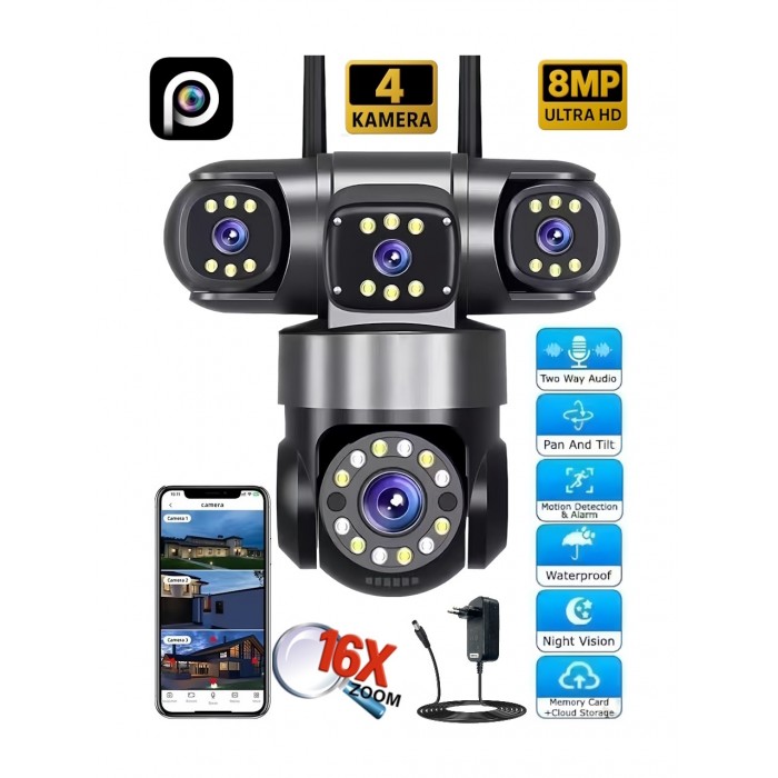 ES-5904 8mp 4 Lensli Akıllı Güvenlik Kamerası Hieasy Wifi Gece Görüş Sesli Kişi Takibi